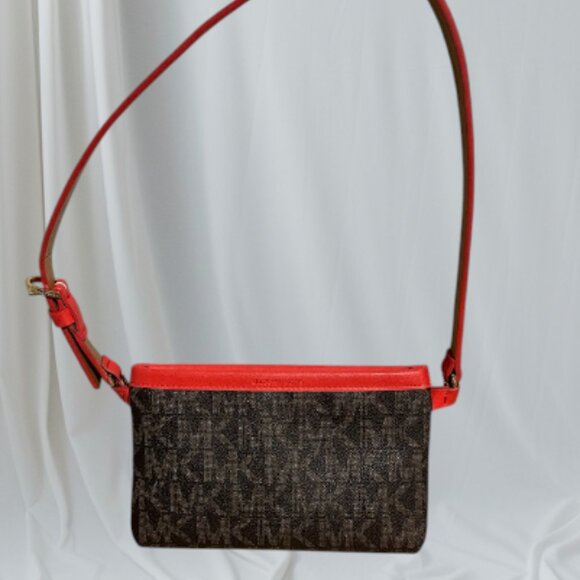 Michael Kors Brown Monogram Canvas Crossbody Bag with Red Leather Trim - Picture 1 of 5